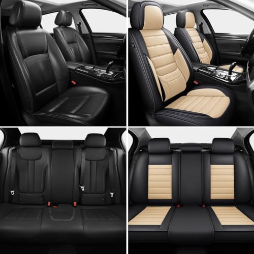 Image of MINGBRON Car Seat Covers Full Set, Brown Car Seat Cover Lumbar Support, Car Seat Protector Waterproof, Nappa Leather Car Seat Cushion, Front Seats and Back Fit for Most Cars Beige