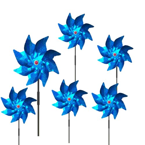 6 Pack Blue Sparkly Reflective Pinwheels – Holographic Wind Spinners for Outdoor Garden, Yard & Farm – Bird Deterrent & Decorative Whirligigs for Patio, Lawn