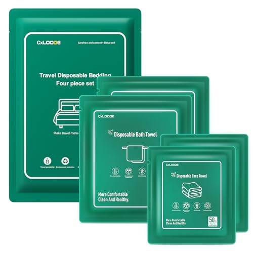 Disposable Bed Sheets for Hotel, Travelling Essentials with 2 Disposable Bath Towels 2 Disposable Face Towels and 4 Pcs Disposable Bed Sheets Set, Disposable Washcloths for Travel Hotel Essentials