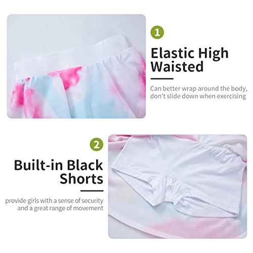 Gnainach Girls' Skorts Size 8-9 Years Old Tie Dye Pink Yellow Pleated Short Skirt Elastic Light Seamless Activewear For Kids Workout #TOP2