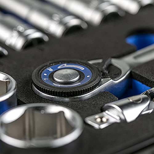 Image of Hogert Technik - Tool Set I Socket Wrench, Bits And Accessories 3 /8 Inch I Alloy Chrome Vanadium Steel I Deformation Resistant I Ratchet Mechanism With 72 Locking Locks I Ht1R465-36 Pieces,Hex