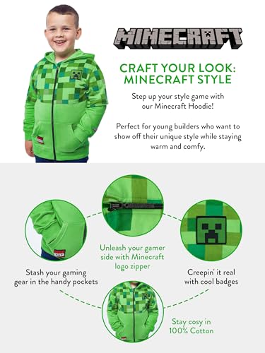 Minecraft Pullover Jungen | Creeper Zipper Hoodie für Kinder | Gaming Kapuzenpullover für Jungs Grün 158