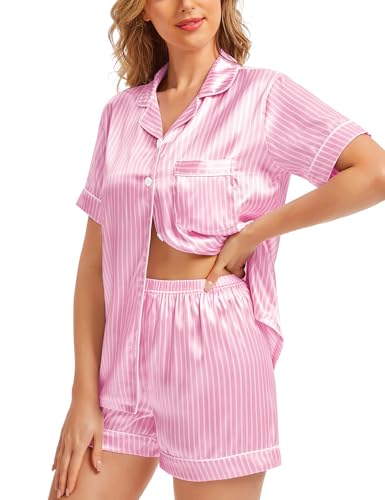 Image of SWOMOG Womens Silk Satin Pajamas Set Short Sleeve Sleepwear Button Down Top and Shorts Loungewear 2 Piece Pjs Set XS-3XL Striped Pink X-Large