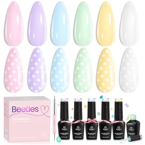 Beetles Pastel Gel Nail Polish, 6 Colors Spring Pastel Polka Dot Gel Polish Set Candy Color Pink White Yellow Blue Green, Soak Off UV LED Nail Art Kit for DIY Home Salon Spring Gift for Women