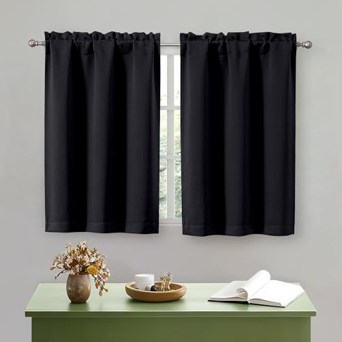 OWENIE Black Kitchen Curtains 36 Inch Length, Short Blackout Small Thermal Insulated Curtains Tier Over Sink Rod Pocket Half Window for Bathroom Bedroom Camper RV Bunk, 2 Panels, Each 30