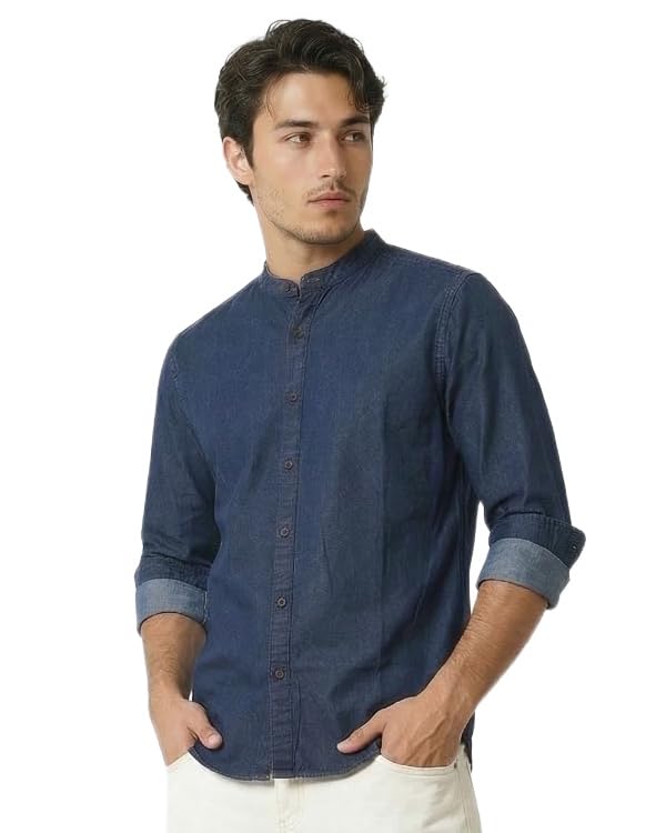 Amazon Brand - INKAST Men Washed Cotton Twill Denim Casual Button Down Shirt | Mandarin Collar | Full Sleeves | Regular Fit | Stylish Summer - Everyday Wear