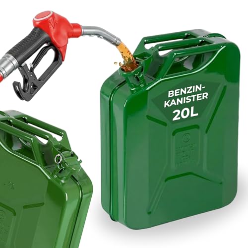STREND PRO Benzinkanister 20l Metall | Robuster Kanister 20 liter für Benzin & Diesel | Kraftstoffkanister | Dieselkanister für Reserve | Kombikanister motorsäge | Grün mit UN-Zulassung | Benzintank