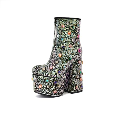 Tsrenlmln Women's Rhinestone Platform Boots for Women Round Toe Sparkly Ankle Boots for Women With Chunky Heel2