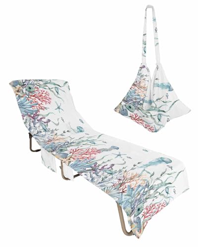 Coastal Nautical Beach Lounge Chair Towel Cover, Soft Chaise Lounge Towel with Side Pockets Patio Pool Chairs Cover for Beach/Pool Sunbathing 29x85 Summer Beach Sea Coral Ocean Nautical