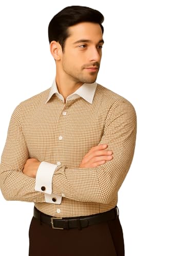 Image of Men's Premium Cotton Formal Dress Shirt - White Collar & French Cuffs with Cufflinks | Solid White, Micro Check & Striped for Office, Wedding