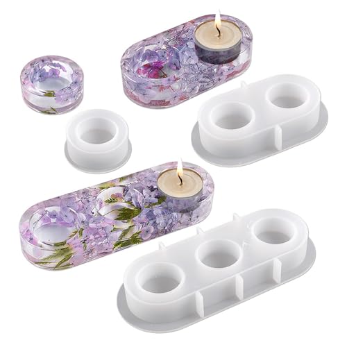 Tealight Candle Holder Silicone Molds Set, 3 Pack 1 2 3 Hole Multi Cavity, White, 2.76 to 7.99 in Length, for Resin Wax Plaster and Concrete Casting