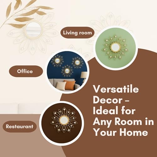 Image of Metal Sunflower Mirror Wall Decor with Crystals | Decorative Mirror Wall Mounted Mirror Wall Decor for Living Room Beautiful Modern Designer | Hanging Mirror Sculpture Set of 3 (Crystal Golden)