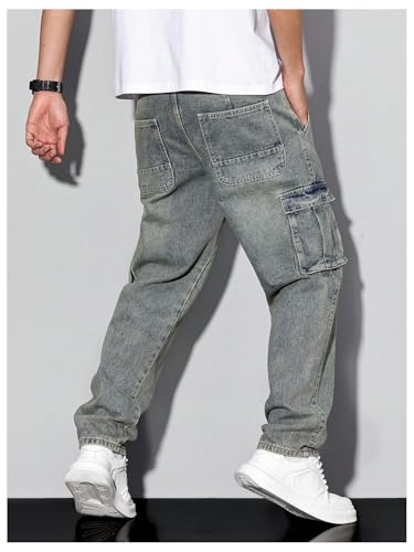 Men's Denim Cargo Pants Flap Pocket High Waist Straight Leg Y2k Cargo Jeans3