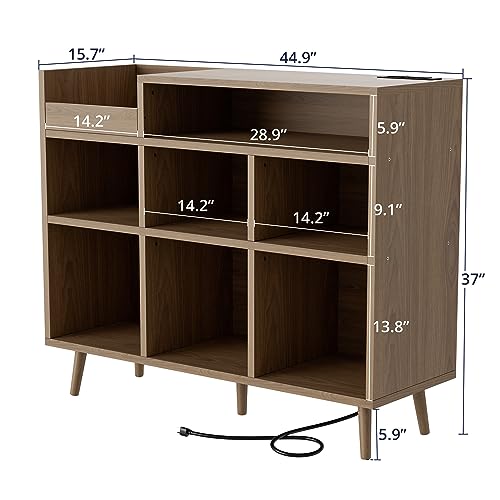 Cozy Castle Record Player Stand with Open Vinyl Storage, Record Player Table Holds up to 500 Albums, Vinyl Record Player Shelf with Power Outlet for Living Room, Brown