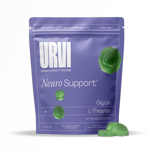 URVI L-Theanin & Glycin Gummies 4-in-1 mit Vitamin B1 & B6 für normale Nervenfunktion Neuro Support Zuckerfrei Glutenfrei Grüner Tee & Apfel Geschmack 30 Gummies*