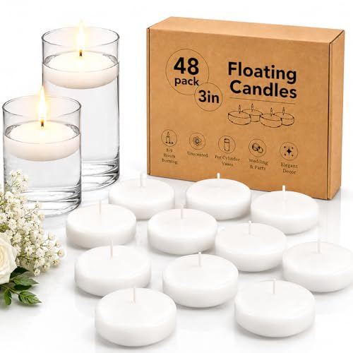 GINITIRI 3 inch White Floating Candles, 48 Pack Unscented Floating Candle,8-9 Hours Burning Floating Candles for Centerpieces, 3“ Water Candles for Cylinder Vases, Wedding, Party