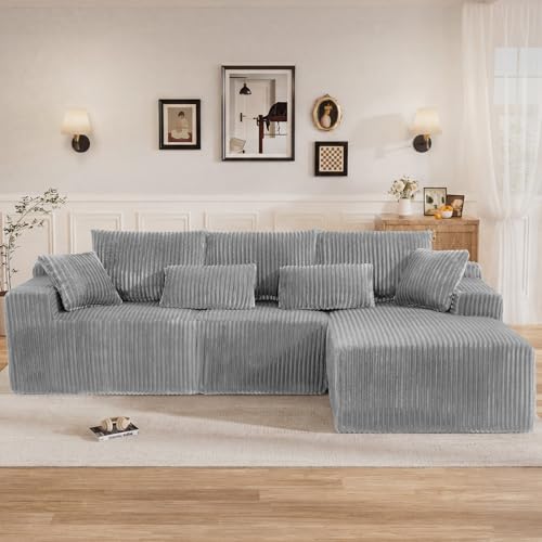 Image of 110 inch L Shaped Cloud Boneless Sectional Couches for Living Room, Modern Comfy Modular Deep Seat Memory Foam Compressed Corduroy Sofa Oversized Right Facing Chaise, No Assembly Required, Grey