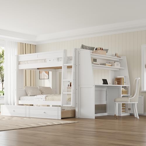 CKLMMC Full Size Multifunctional Bunk Bed with Desk and Bookshelves,