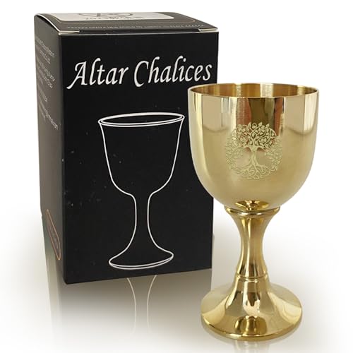 Tirmanaz 3 Inch Height Goblet, Small Gold Chalice, Life Tree Chalice Cup, Brass Holy Grail Cup, Witch Ceremonial Goblet for Altar Ritual, Divination Wiccan Magic Spiritual Tools