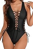 Holipick Women Black Sexy One Piece Swimsuit One Shoulder Bathing Suit Lace Up Swimwear Monokini L