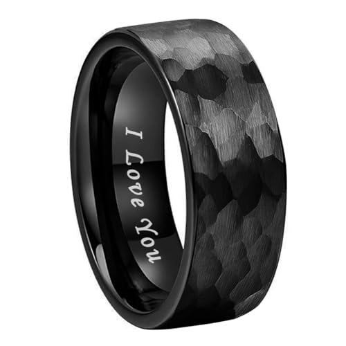TUTISS 8mm Black Hammered Tungsten Carbide Rings for Men Women Fashion Engagement Wedding Bands Matte Finish I Love You Engraved Comfort Fit Size 12