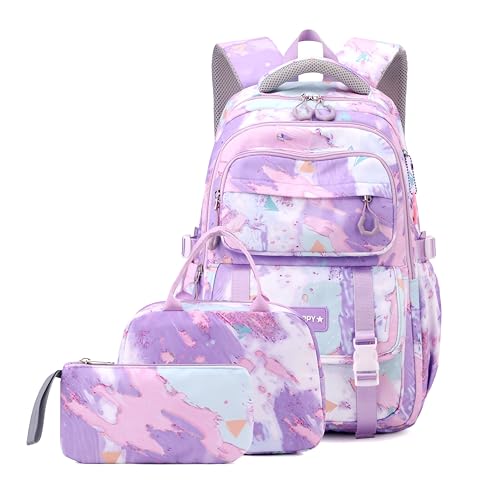 Purple Backpack for Girls Kids Backpacks with Lunch Box Elementary Middle High School Backpacks Students Bookbag Set School Bags for Teens Girls (Purple)
