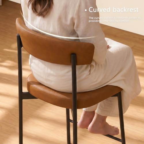 Image of GrandNoor Brown Modern Bar Stools Set of 3, 24 Inch Faux Leather Counter Stools with Curved Backrest, Counter Height Bar Stool for Kitchen Island