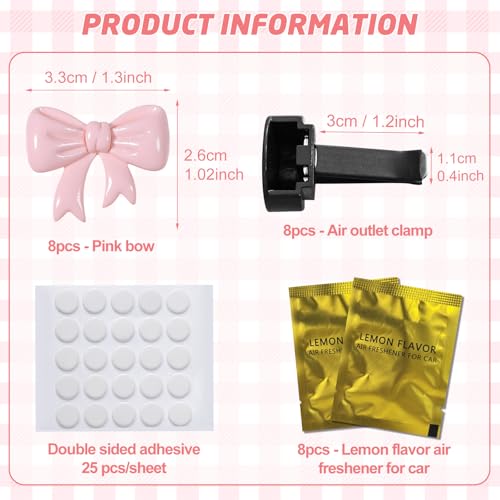 Image of 8 PCS Coquette Pink Bow Car Air Freshener Vent Clip, Cute Aesthetic Cars Scent Air Fresheners Vent Clips Decorations, Automotive Interior Accessories for Women Girl