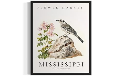 HomeArtPrint Mississippi Art Print Poster, State Bird Wall Art Wildlife Animal Botanical Decoration for Bedroom, Living Room Bathroom Decor 77 (Mississippi, 11 x 14 inches, Unframed)