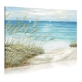 Coastal Seascape Canvas Wall Art: Beach Path Painting Elegant Blue Ocean Scene Abstract Sea SailBoat
