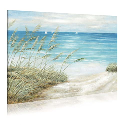 Coastal Seascape Canvas Wall Art: Beach Path Painting Elegant Blue Ocean Scene Abstract Sea Sailboat Picture Large Nautical Seaside Grass Prints Hand Painted Artwork For Bathroom Bedroom Living Room #TOP7