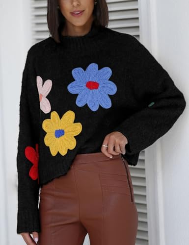 Image of Yimoon Women's Cropped Floral Sweater 2024 Fall Winter Cute Crochet Flower Long Sleeve Knit Pullover Tops(Black-S)
