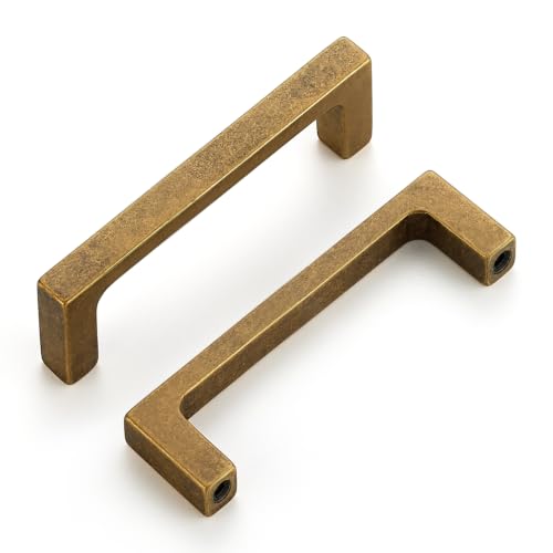 Image of Ravinte Antique Brass Kitchen Cabinet Solid Handles,3-1 /2 Inch,5 Pack | Solid Zinc Alloy, Modern Slim Style, Square Design, Deep-Thread Firm Base, Screws Included, for Kitchen Drawers & Cupboards