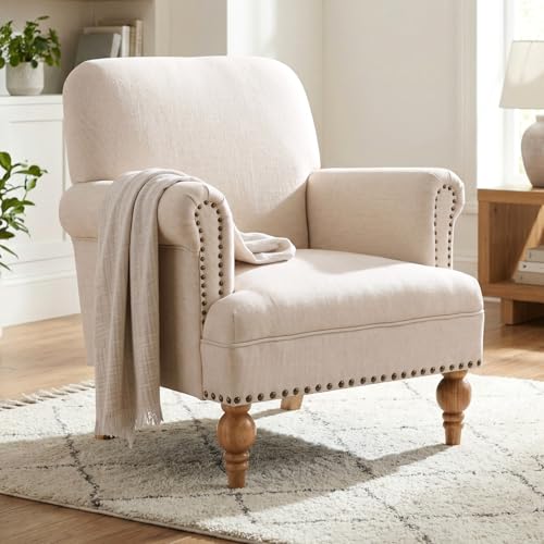 DM Furniture Beige Linen Fabric Accent Chair, Modern Farmhouse Upholstered Armchair with Nailhead Trim & Ball Turned Wood Legs, French Country Club Chair for Living Room Bedroom Guest Room