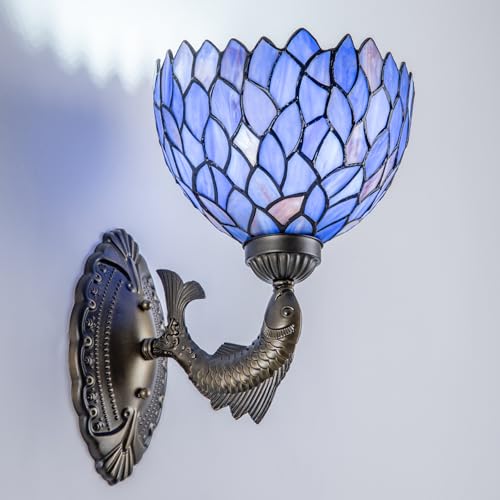 Image of Wisteria Style Wall Sconce 8 inch Blue Purple Stained Glass Tiffany Lamp Antique Bronze Vintage Art Deco Wall Light for Bedroom Hallway Living Room