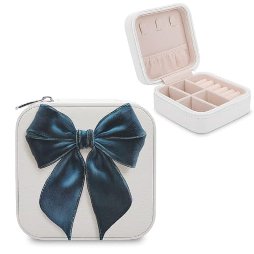 Jubonexis Joyero grande de terciopelo suave con lazo azul marino, organizador de joyas, portátil, de piel sintética, mini estuche de viaje