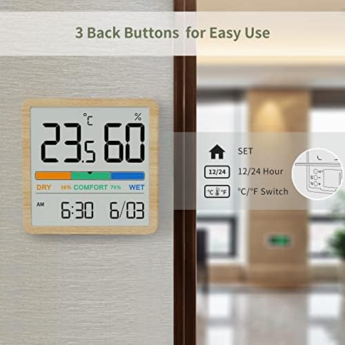 NOKLEAD Hygrometer Indoor Thermometer, Desktop Digital Thermometer with Temperature and Humidity Monitor, Accurate Humidity Gauge Room Thermometer with Clock (Wood Grain)