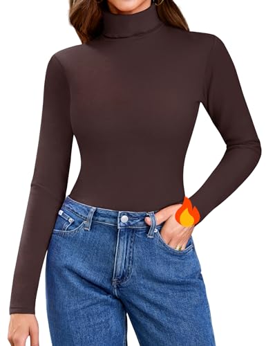 Aottori Camiseta Térmica Mujer Manga Larga Cuello Alto Ropa Interior Jersey Básica Ajustada Sólida Base Layer Cálida Invierno Undershirt Top Marrón XS