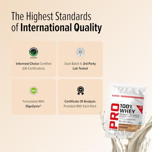 Image of GNC Pro Performance 100% Whey Protein | New Formulation | 24g Protein, 5.7g BCAAs, 12.3g EAAs | Added DigeZyme | Whey Isolate & Concentrate Blend, Low Carb (4.51g), No Added Sugar | Mawa Kulfi, 35g