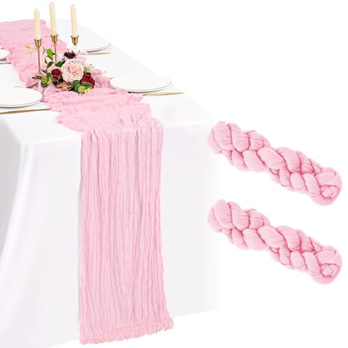 Showgeous Lot de 2 Chemins de Table Rose Clair 55x300cm Mode Chemin de Table Bohèmes en Gaze,Boho...