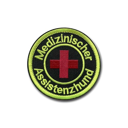 ZEROMEK Klett Patch Medizinischer Assistenzhund - schwarz/neongelb - bestickt, 8 cm – runder Aufnäher mit Klett für Hunde