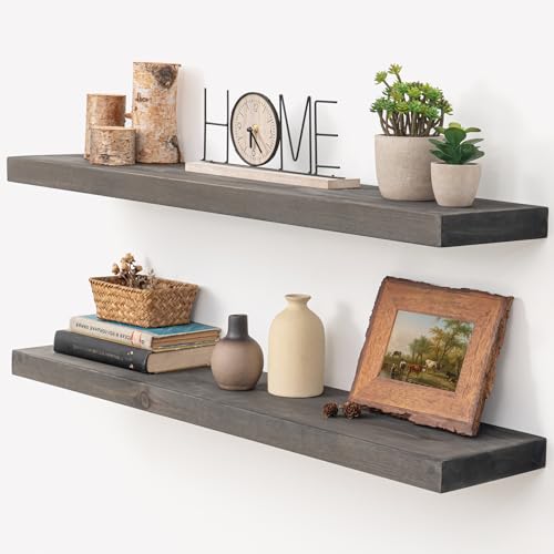 Image of Marsmiles Floating Shelves for Wall - 36 Inch Grey Wood Floating Shelves Set of 2-36 Inch Wide x 7.7 Inch Deep x 1.6 Inch Thick Rustic Wooden Shelves for Room Wall