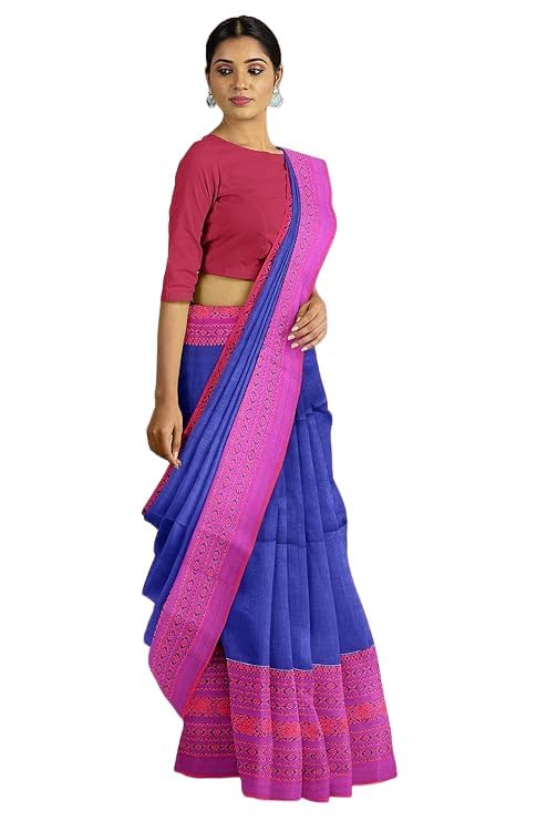 Image of eC ESHA'S COLLECTION Women's Cotton Blend Begumpuri Handloom Saree With Unstitched Running Blouse Piece