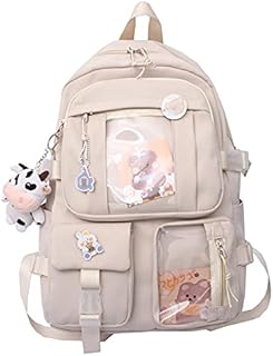 Mochila japonesa Harajuku feminina versão coreana estudante do ensino médio mochila de estudante do ensino médio mochila de estudante de escola primária coração menina bonita mochila branca + vaca + distintivo