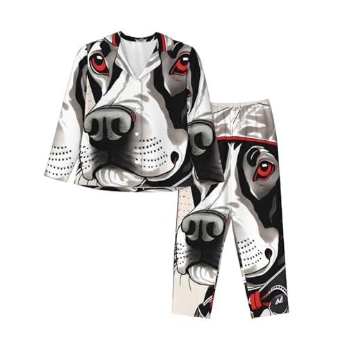 GaxfjRu Schlafanzug mit niedlichem Tiermotiv, langärmelig, Nachtwäsche, für Damen, mit Knopfleiste, weicher Schlafanzug mit Taschen, Schwarz , XL