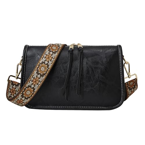 Crossbody Bag for Women Bohemian Vintage Stylish Purse Vegan Leather Shoulder Bag with Adjustable Wide Strap