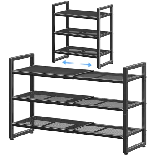 Image of Simple Trending 3-Tier Expandable Shoe Rack, Adjustable & Stackable Shoe Organizer, Metal Mesh Free Standing Shoe Shelf Storage for Closet Entryway Doorway, Black