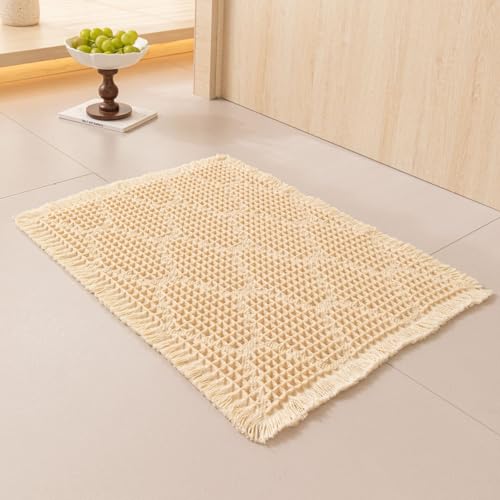 Image of HomeCloud Waffle Bath Mat, Super Absorbent Non Slip Mats for Bathroom Floor, Machine Washable Bathroom Rugs with Tassels,Ultra Soft (T.Cream)