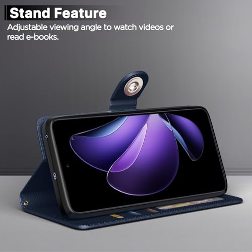 Image of Pikkme Flip Cover Leather Finish | Inside TPU with Card Pockets | Wallet Stand and Shock Proof | Complete Protection Button Flip Case for Oppo Reno 13F 5G(Blue)