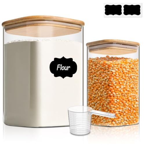 ComSaf Glass Food Storage Containers, 3.6Qt/1.2Qt Glass Flour and Sugar Containers with Airtight Lids, Large Square Jars with Bamboo Lids for Rice, Pasta, Oats, Grains, Cookies, Snacks, Candy